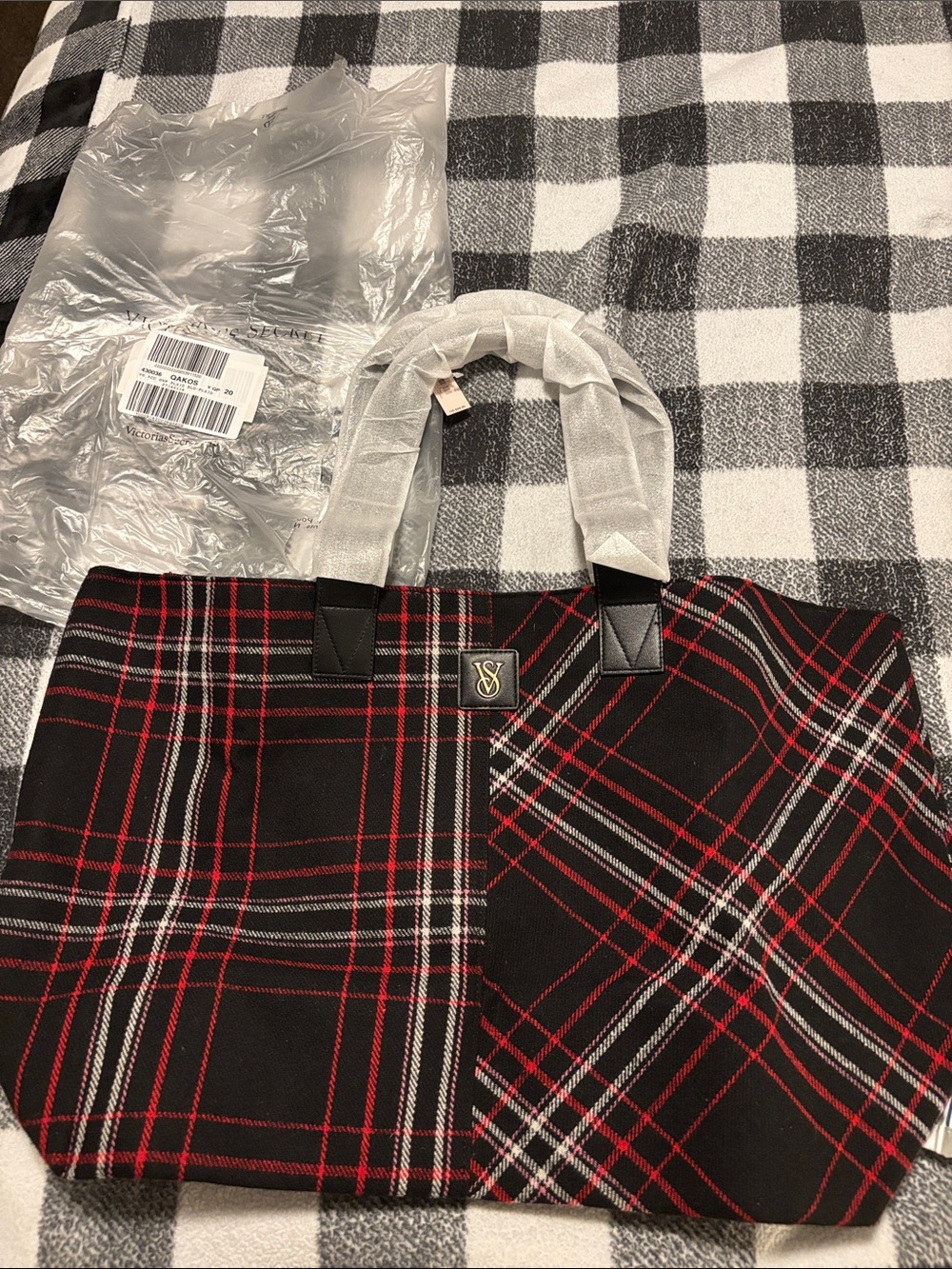 Victoria's Secret Black and Red Plaid Tote Bag. BNWT